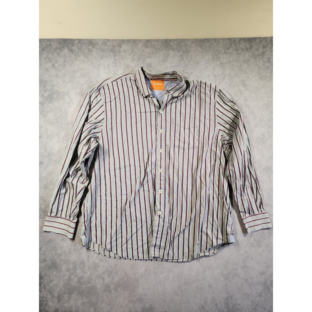 Tommy Bahama Shirt Men's 2XL Gray Striped Cotton Long Sleeve Button-Up Classic